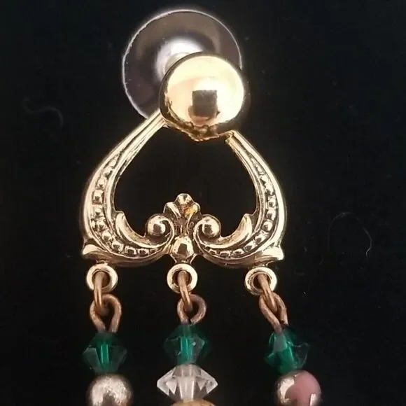 Chandelier Earrings Green 3 Rows Gold Post - Picture 6 of 11